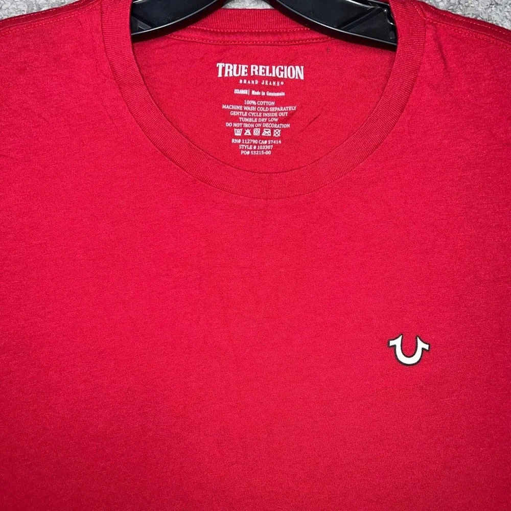 True Religion Buddha Guitar T Shirt Men's Sz 2XL XXL Red Spell Out 2‎ Sided Tee